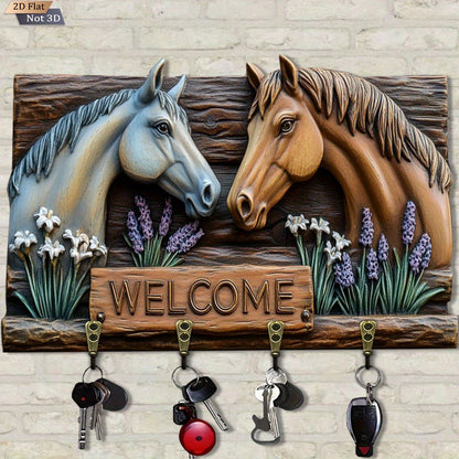 2D Flat, 1pc Double Horse Welcome Wooden Multi-Functional Key Hook with Four Metal Hooks, Wall Decor, Porch Decoration, Room Decor, Villa Decor, All-Season Home Accent – 29.97cm x 213