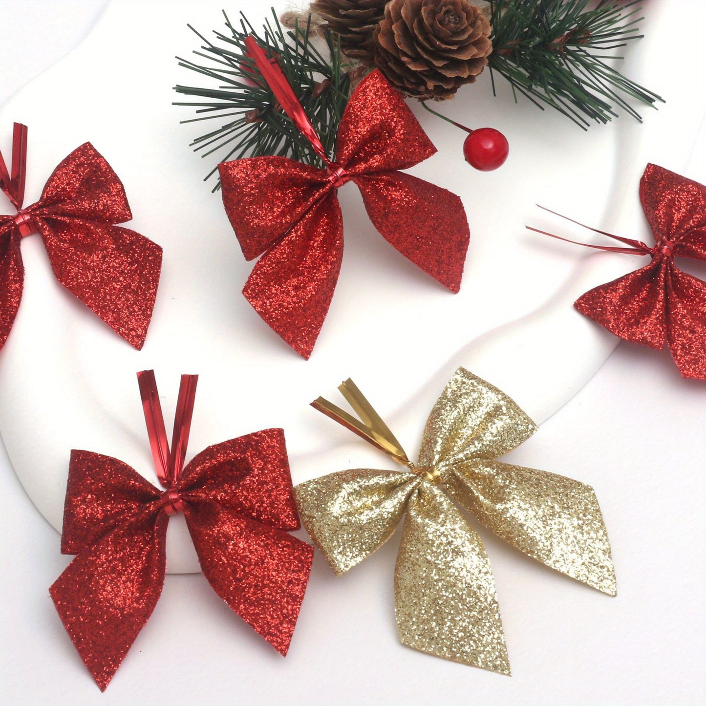 60pcs Elegant Red & Golden Glitter Mini Bows with Golden Ribbon - Durable Polyester Christmas Tree Decorations, Wreaths, Gift Wrapping, Crafts - Shiny Glossy Bows with Sharp Tip for DIY, Party Decorations, Holiday Ornaments (
