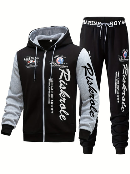 Men's Hooded Letter Print Tracksuit, 2pcs Casual Sports Set, Fashion Hoodie With Full-zip And Elastic-waist Pants, Regular Fit, Outdoor Cloth