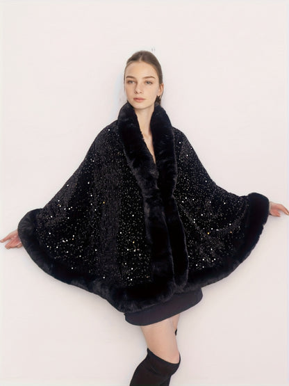 Plus Size, Women's Elegant Shawl Cloak Poncho - Luxury Brown Cape with Sparkling Glamour, Thick Winter Coat for Parties, Formal Events - Non-Stretch Fabric, Easy Care Elegant Wrap for Everyday Special Occasions, Party Wear, C