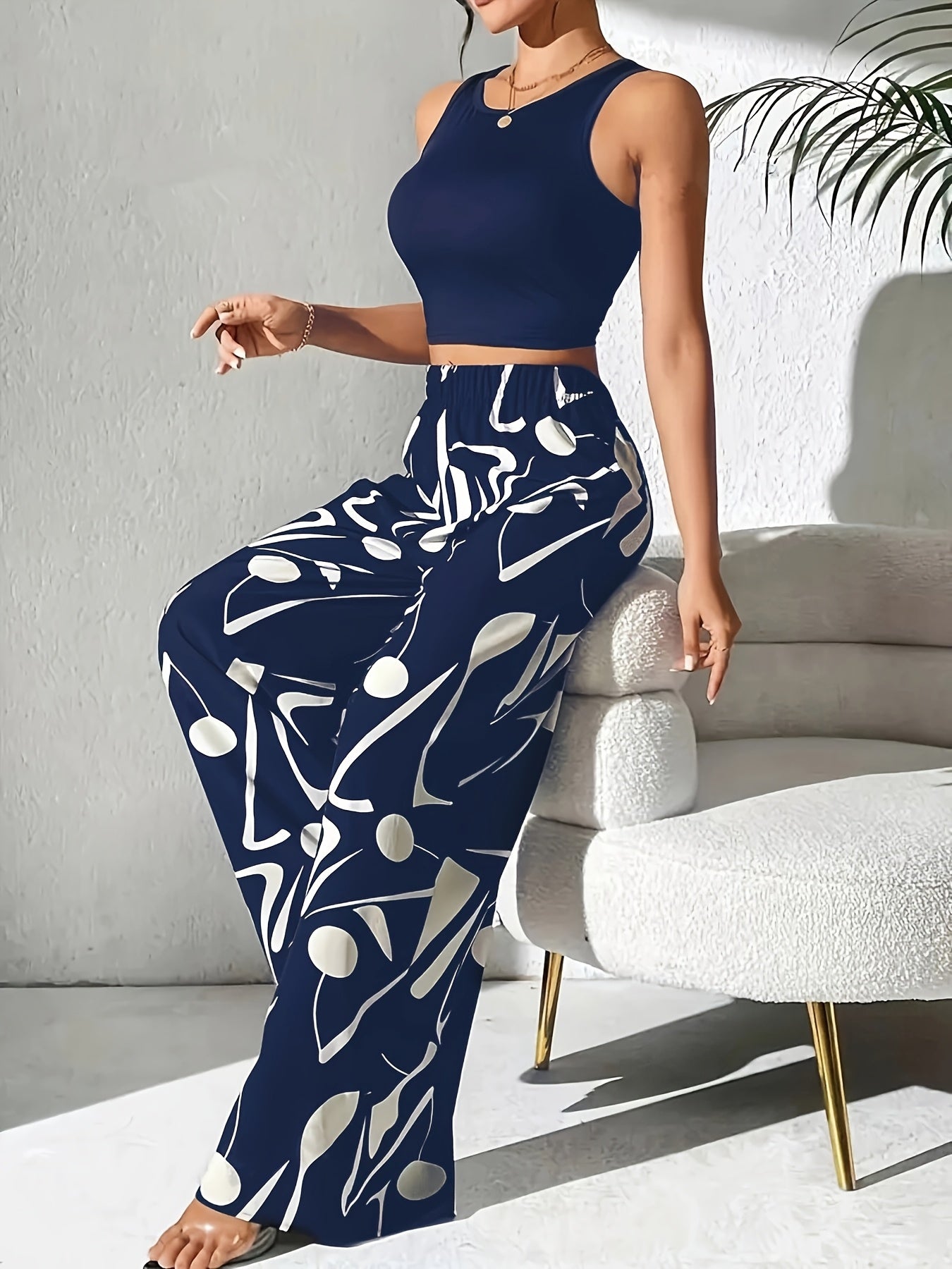 Women’s High-Waisted Wide-Leg Casual Pants with Geometric Print