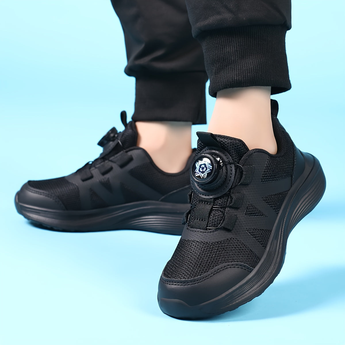 [Backtoschool Essential] Youngsters' Breathable Mesh Running Shoes with Rotating Buckle - Lightweight, All-Season Sneakers for Boys & Girls, Black, Casual & Sporty Design for School, Outdoor Activities & Casual Attire, Casual
