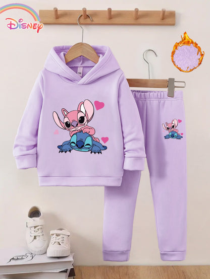 Series Stitch Girls' Two-Piece Autumn Winter New Hoodie Set - Available in Multiple Colors, Cartoon Print Embellishments, 3-10 Years Old, Outdoor Activity Fleece, for Outdoor, Thick