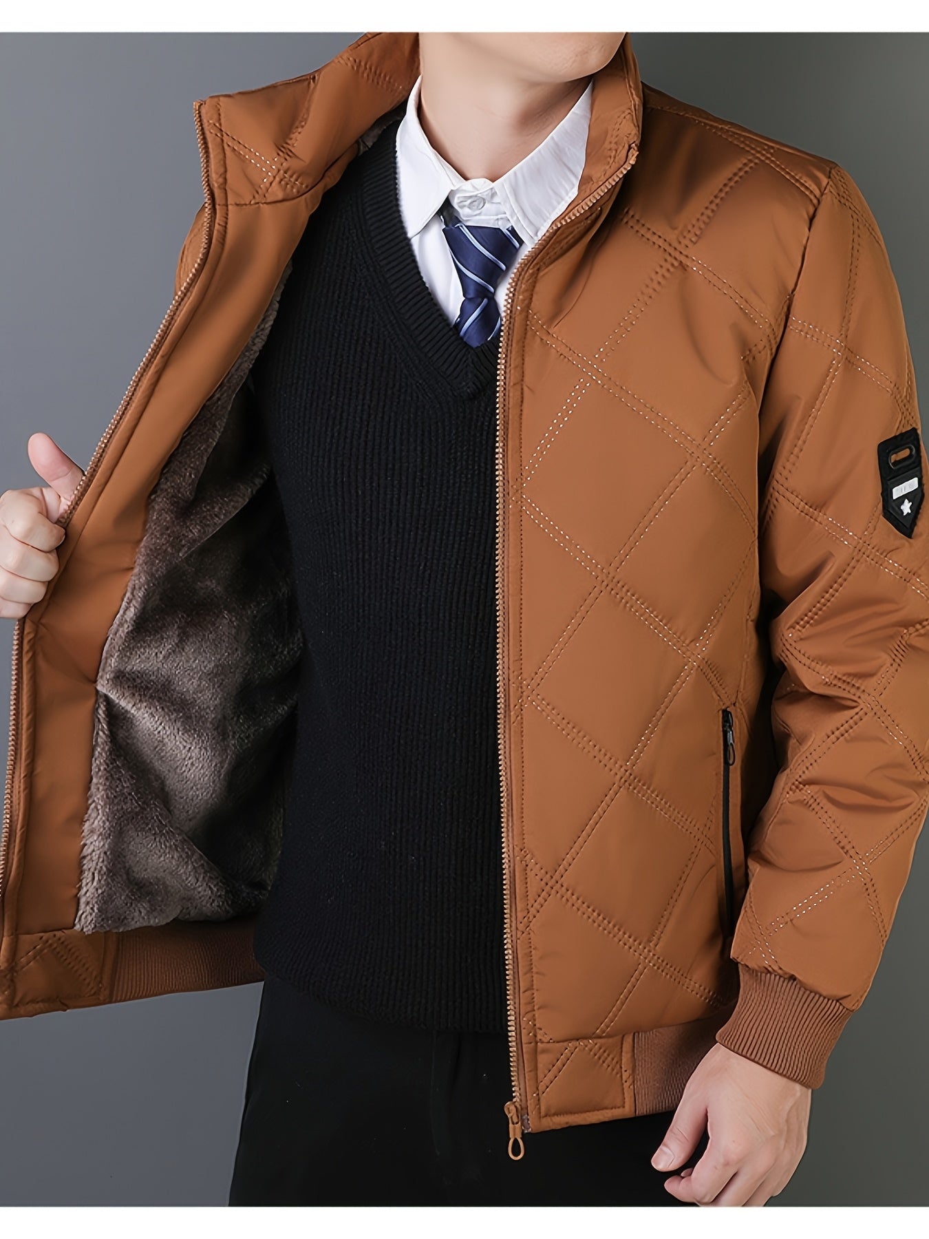 Men's Quilted Fleece Jacket with Stand Collar & Full-Zip Closure - Thick Winter Coat, Black/Brown & Warm Lining, Casual Outdoor Winter Wear for Skiing,, Cold Weather (Hand Wash/Dry Clean)