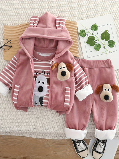 BABICOLOR 's Winter 3pcs Dog Print Hooded Jacket & Pants Set - Warm Loose-Fit Outfit, Winter Clothing for 1st Photoshoots, Casual Cold-Weather Outwear, Perfect for Outdoor