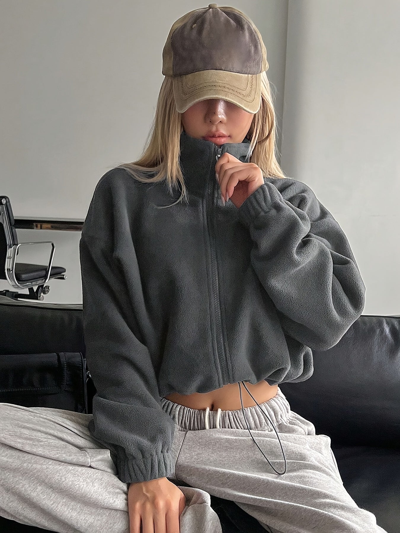 Women'S Casual Zippered Front Drawstring Hem Jacket - High-Neck Long Sleeve with Pockets, All-Season Comfort, Machine Washable, Versatile for Casual Attire, Casual Wear Jacket | Highneck Jacket | Zippered Jacket