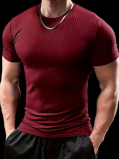 Men's Slim Fit Ribbed Short Sleeve T-Shirt - Stretchy Athletic  Casual Wear, Green, Round Neck, Machine Washable, Muscle-Enhancing Design, Gym Shirts