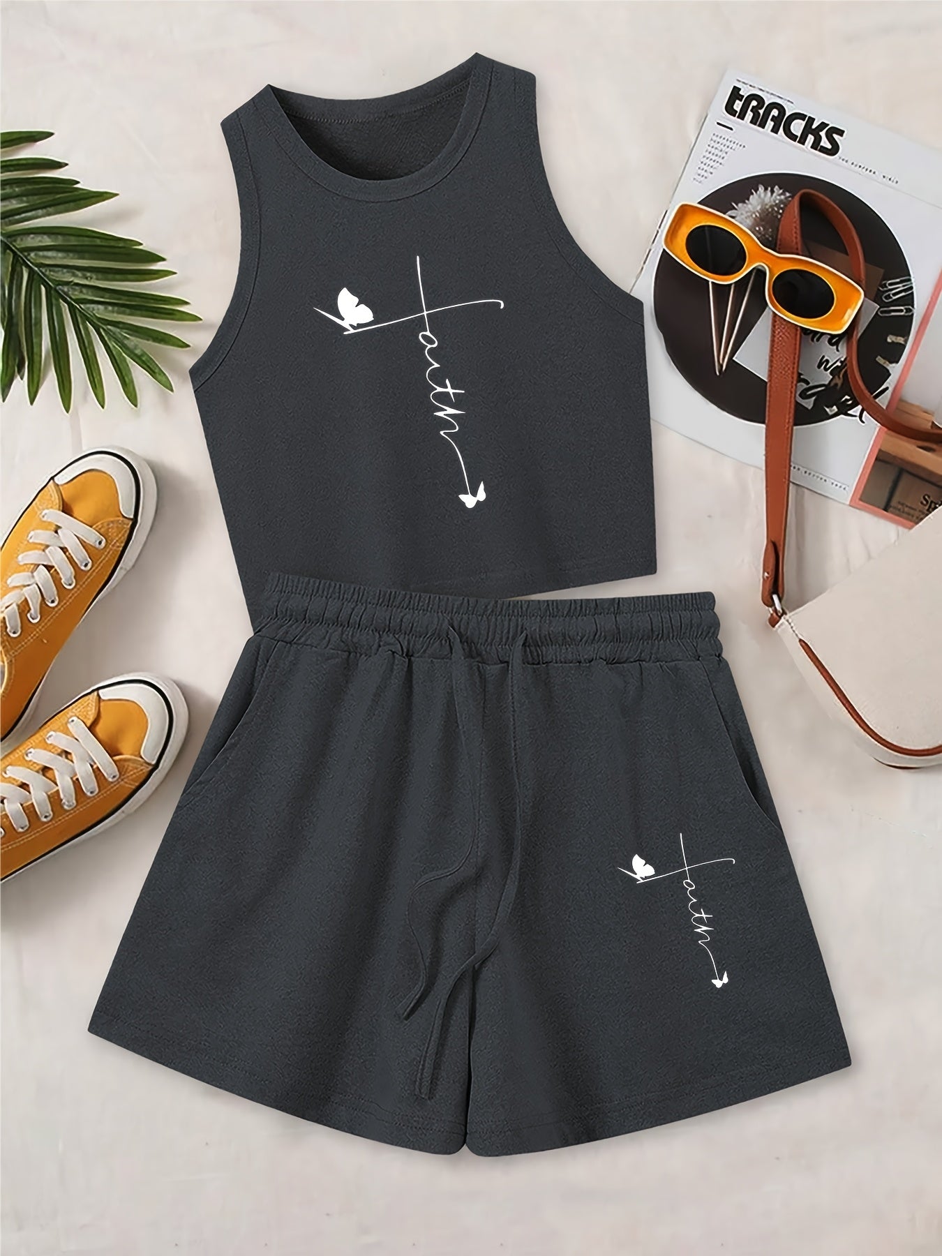 Women's Casual Two-Piece Set with Graphic Tee & Wide Leg Pants