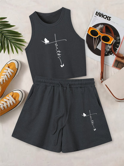 Women's Casual Two-Piece Set with Graphic Tee & Wide Leg Pants
