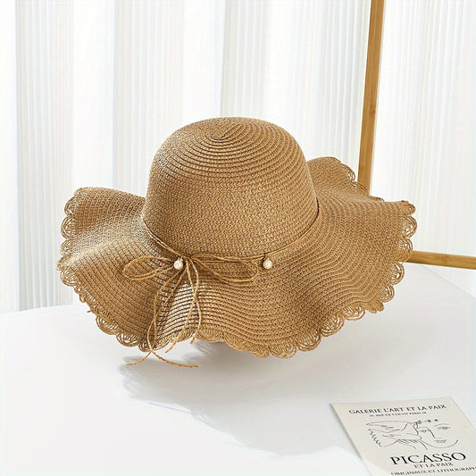 Women's Wide Brim Straw Sun Hat with Accents & Adjustable Ribbon - Protection Lace Trim Beach Wedding Casual Outdoor Hat for All Seasons