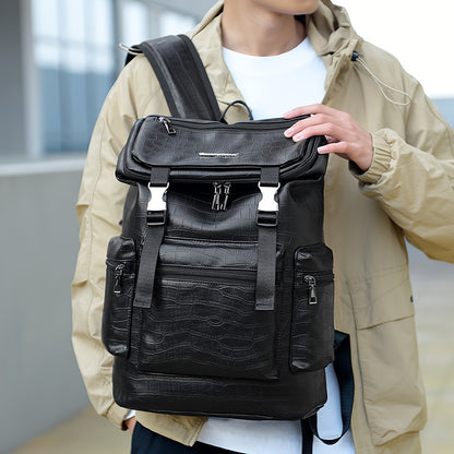 Unisex Backpack with Crocodile Texture, Large Capacity, Anti-Theft, Multi-Compartment, Fits 14-inch Laptop, Casual Travel  Business Commute, Minimalist Style, No Battery - Black