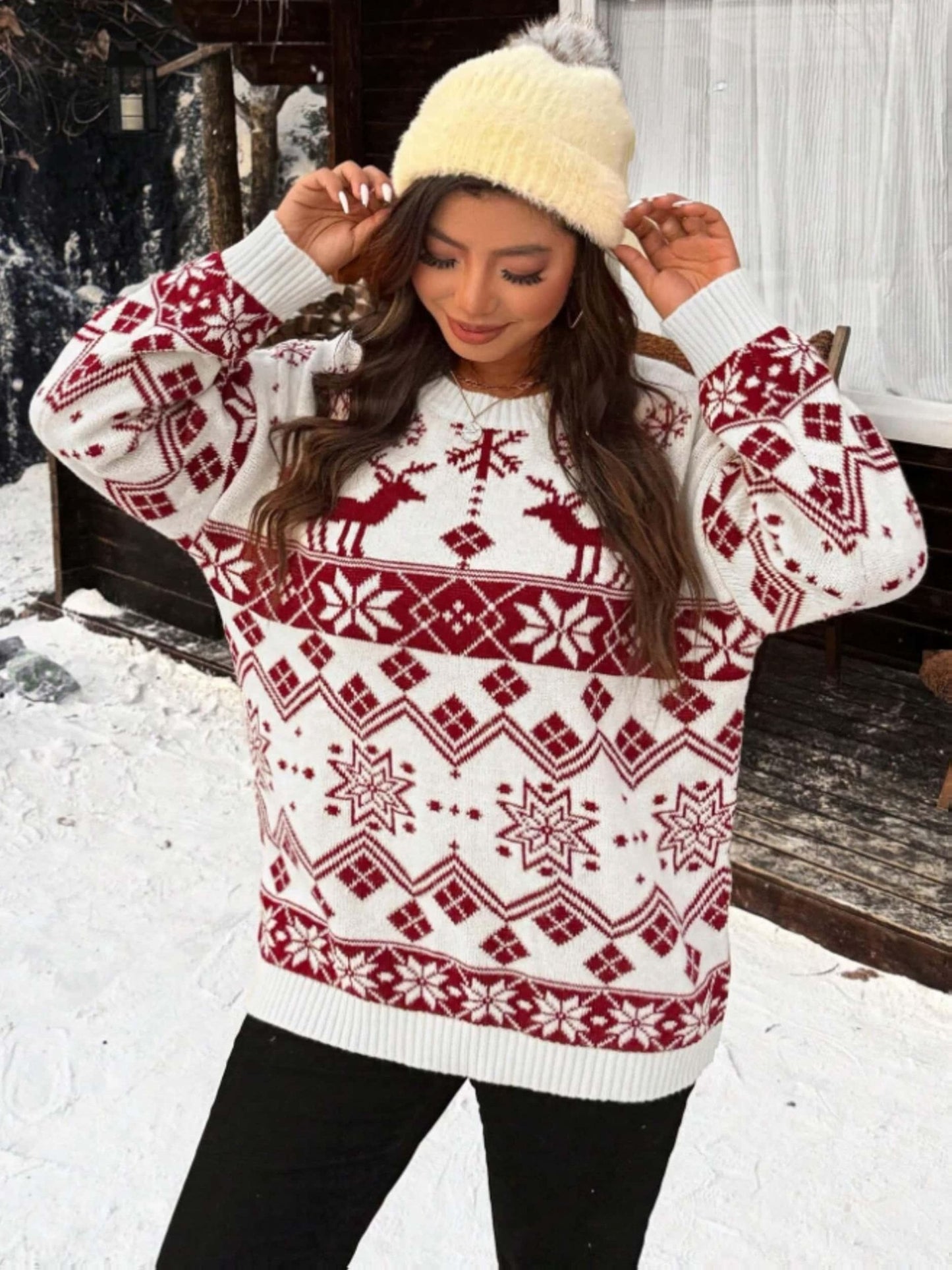 Women'S Thick Double-Layer Winter Sweater - Red & Snowflake & Geometric Pattern Pullover, Round Neck Long Sleeve Sweater with Piping Trim, Cozy Fall/Winter Casual Chic Outfits, Ladies Sweaters