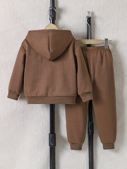 2pcs Boys' Casual Outfit Set, Long Sleeve Hooded Jacket with Embroidery and Zipper, Geometric Pattern Knit Pants, Polyester with Spandex Lining, Regular Fit for Autumn/Winter, for Outdoor