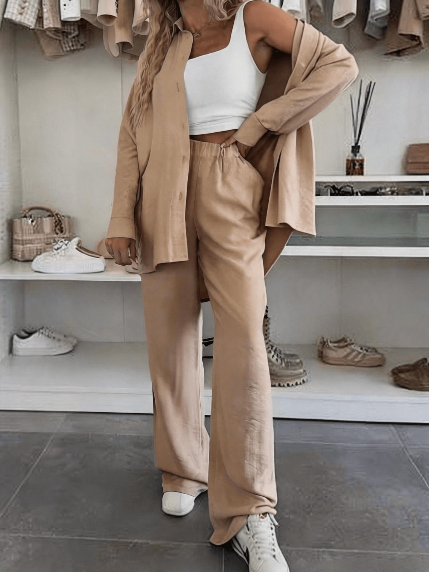 Women's Loose Shirt & Wide-Leg Pants Set - Elegant Polyester