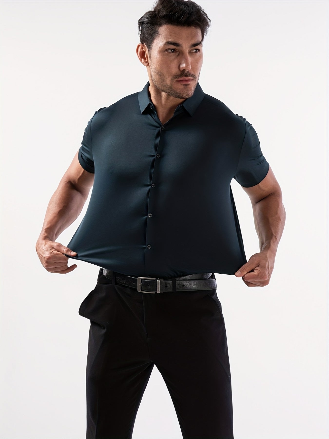 Men’s High-Stretch Lapel Short-Sleeve Shirt for Summer Casual