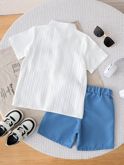 Boys' Summer Casual Shirt & Woven Shorts Set - Lightweight Polyester