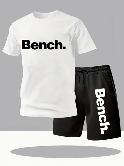 Summer Men'S Casual Sports Short Sleeve T-Shirt and Shorts Set, Comfortable Breathable, Suitable for Outdoor Jogging Running Fitness, Bench. Letter Print Design - 2pcs