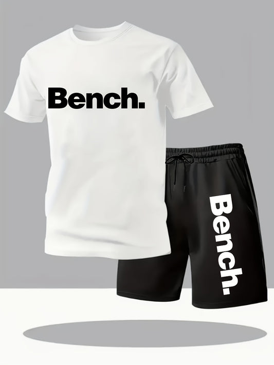 Summer Men'S Casual Sports Short Sleeve T-Shirt and Shorts Set, Comfortable Breathable, Suitable for Outdoor Jogging Running Fitness, Bench. Letter Print Design - 2pcs