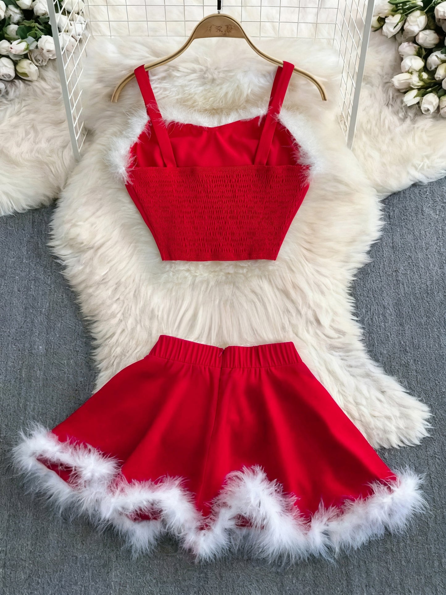 2025 New Christmas Party Event Gathering Date Plush Trim Sweet Sexy Women's Skirt Set