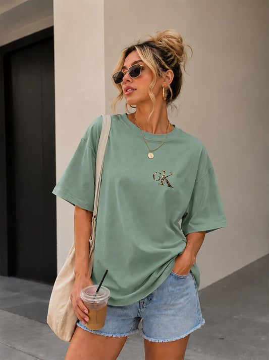 Women's Loose Fit Cotton T-Shirt with GK Letter Print - ayq