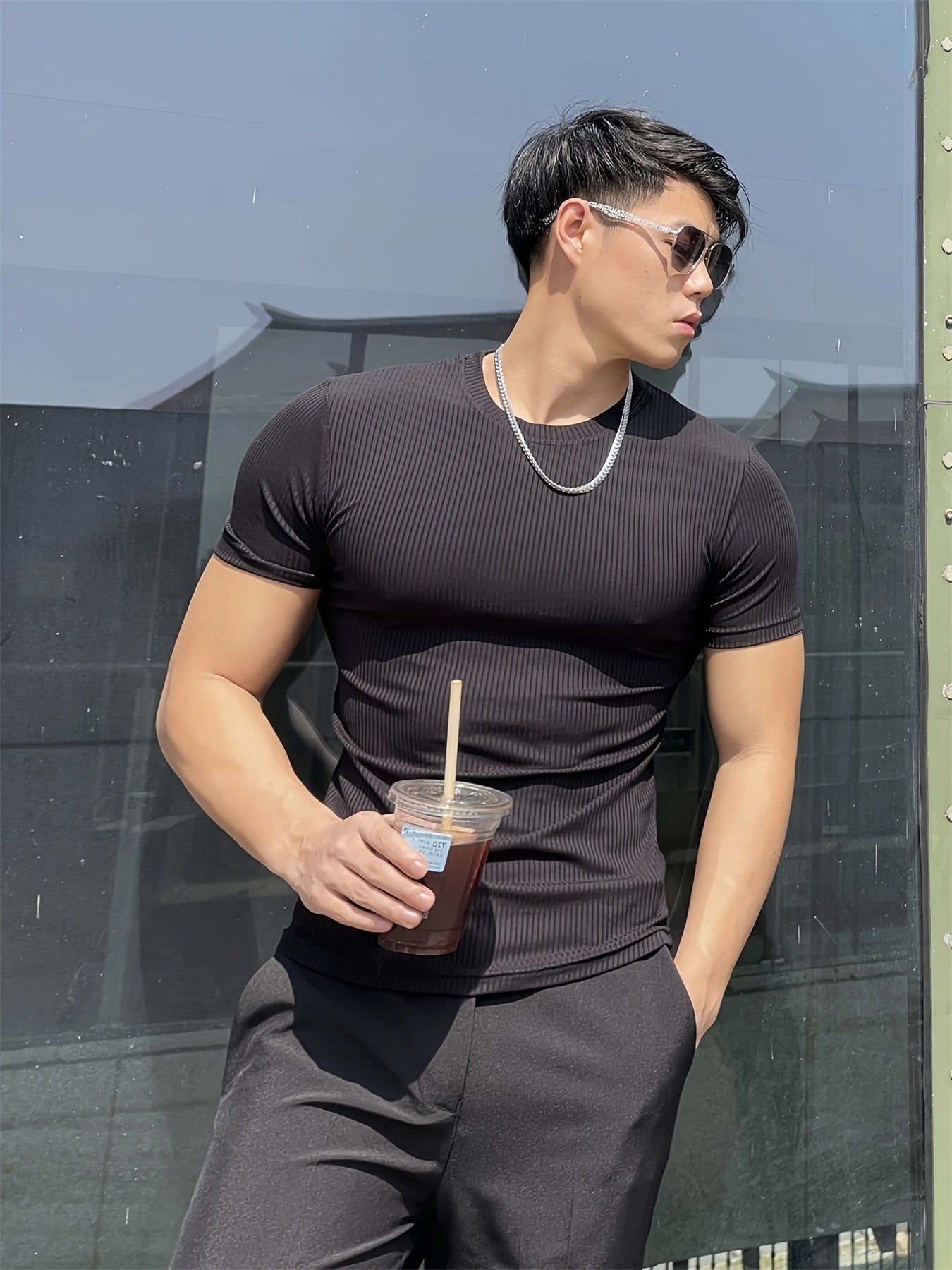 Men's Athletic Striped Solid Color Fitness Short Sleeve T-Shirt, Quick-Dry Stretchy Polyester Sports Tee for Training, Running, Summer, Slim Fit, Round Neck, Knitted Fabric