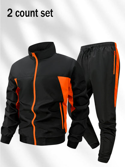Men's Polyester Zipper Jacket & Sports Trousers Set for Fall/Winter