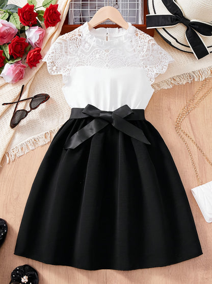 Girls' Elegant Fit & Flare Dress with Lace Bow Belt