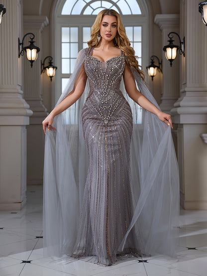 Elegant Beaded Lace Mesh Bodycon Mermaid Evening Dress