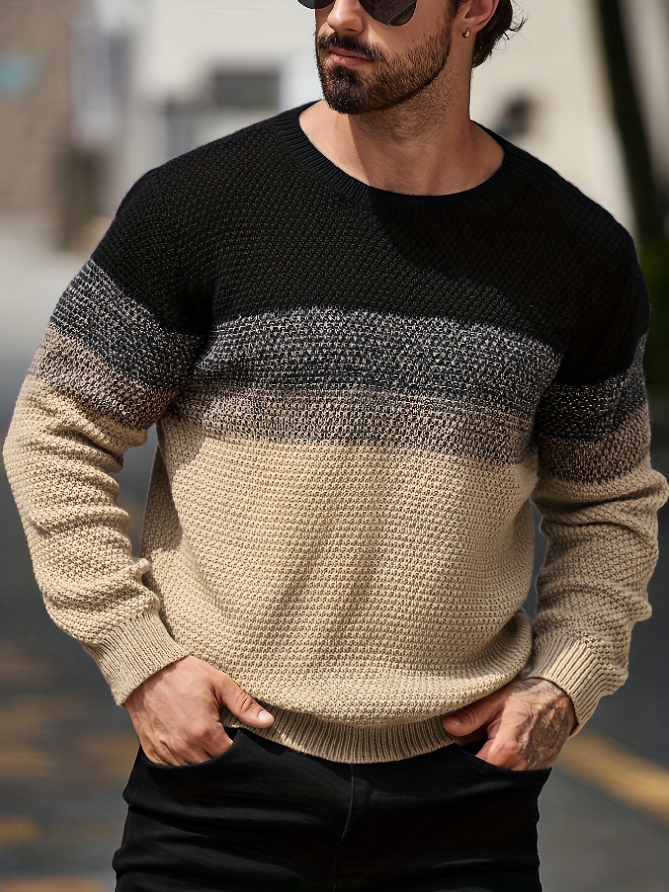 Men's Winter Gradient Color-Block Knit Sweater - Loose Fit Style Ombre Blending (Warm Round Neck Pullover) for Cold Weather, Casual & Smart-Casual Outfits - Opaque Loose-Fit Top