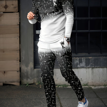 2pcs Men's Gradient Color Random Patter Long Sleeve T-shirt + Pants Set, Casual Co-ord Set For All Seasons