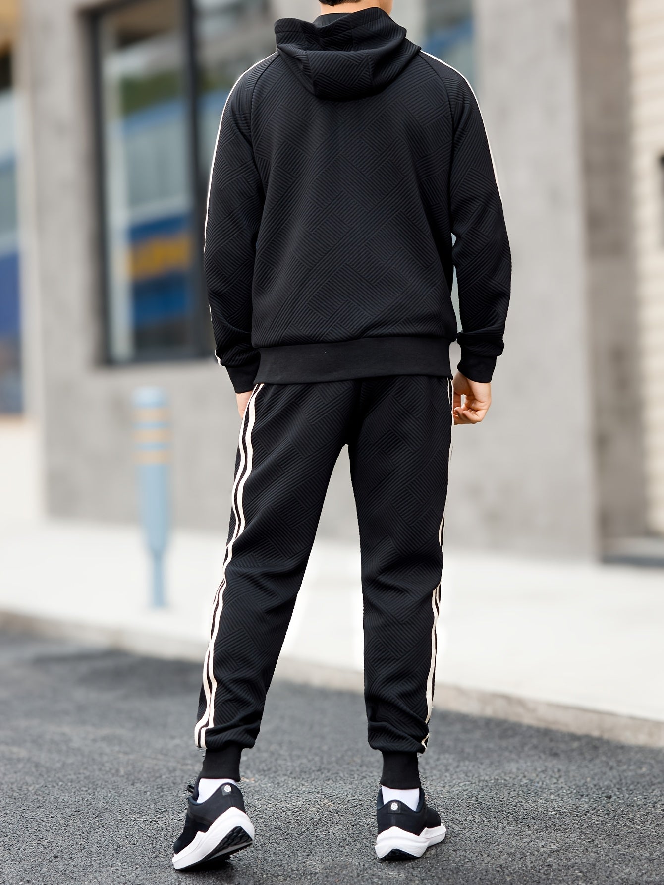 Men's Spring & Fall Jacquard Embroidered Striped Tracksuit Set - 2pcs Zip-Up Hoodie & Pants for Daily Wear, Sports & Outdoor Trips