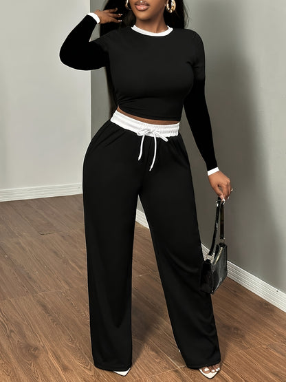 A Two-Piece Set Featuring a Sexy Color-Block Round-Neck Long-Sleeve T-Shirt Paired with High-Waisted Belted Trousers - ayq
