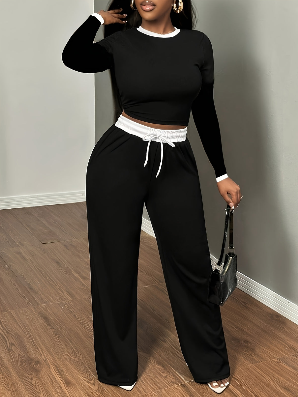 Women’s Casual Color-Block Long Sleeve Top & High-Waist Pants Set - ayq