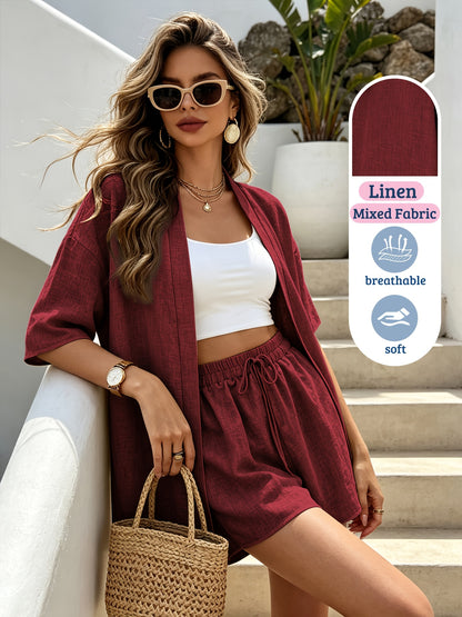 Women's Summer Linen-Blend Cardigan & Shorts Set - Lightweight Casual