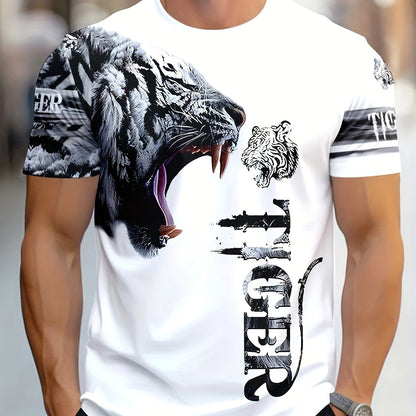 Men'S  Women'S "Tiger" Graphic T-Shirt - Casual, Stylish 3D Print Animal Design, White, Short Sleeve, Polyester Knit, Regular Fit, Streetwear Tee Bold Animal Print Stretchy Fabric
