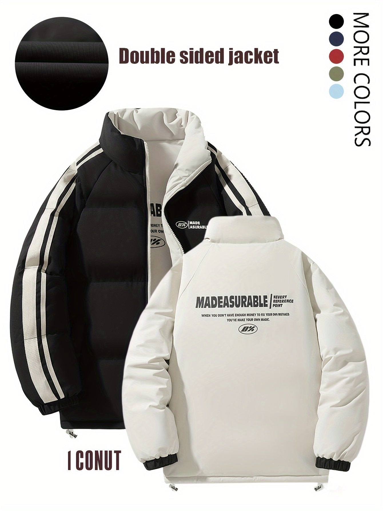 Men'S Double-Sided Winter Jacket - Thickened Stand Collar, Zip-Up Casual Long Sleeve Coat with "MADEASURABLE" & "I CONUT" Branding, Black & White, Regular Fit for Autumn & Winter, Autumn Outerwear, Bold Lettering, Durable Fab