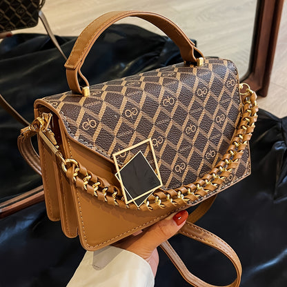 LABOONOO Geometric Chain-Link Handle Small Square Handbag - Handbag with Adjustable Strap, Zipper Closure & Polyester Lining, Deep Brown/Grey/White for Casual & Formal Occasions, Small Handbag, Versatile Purse, Decorative Cha