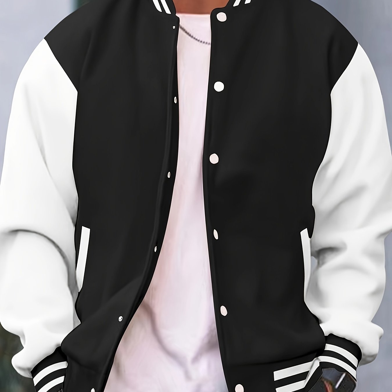 Men'S Casual Baseball Jacket - Stylish Black with White Stripes, Button-Up, Long Sleeve, Perfect for Spring & Fall, Casual Attire, Casual Wear|Baseball Jacket| Constructio