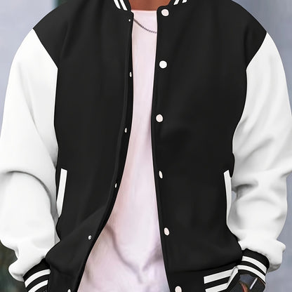 Men'S Casual Baseball Jacket - Stylish Black with White Stripes, Button-Up, Long Sleeve, Perfect for Spring & Fall, Casual Attire, Casual Wear|Baseball Jacket| Constructio