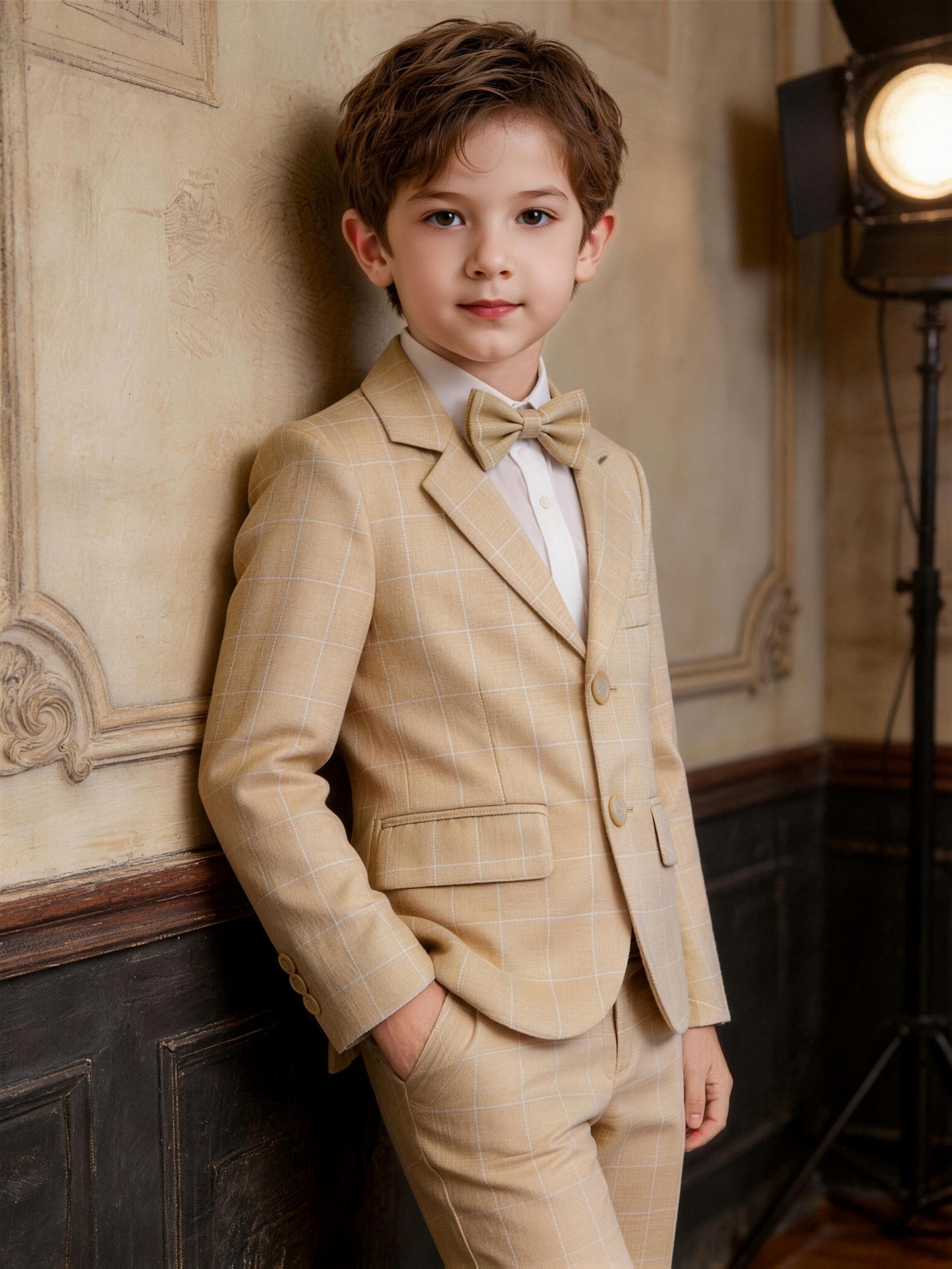 Boys' Plaid Suit Set with Jacket, Trousers & Bow Tie