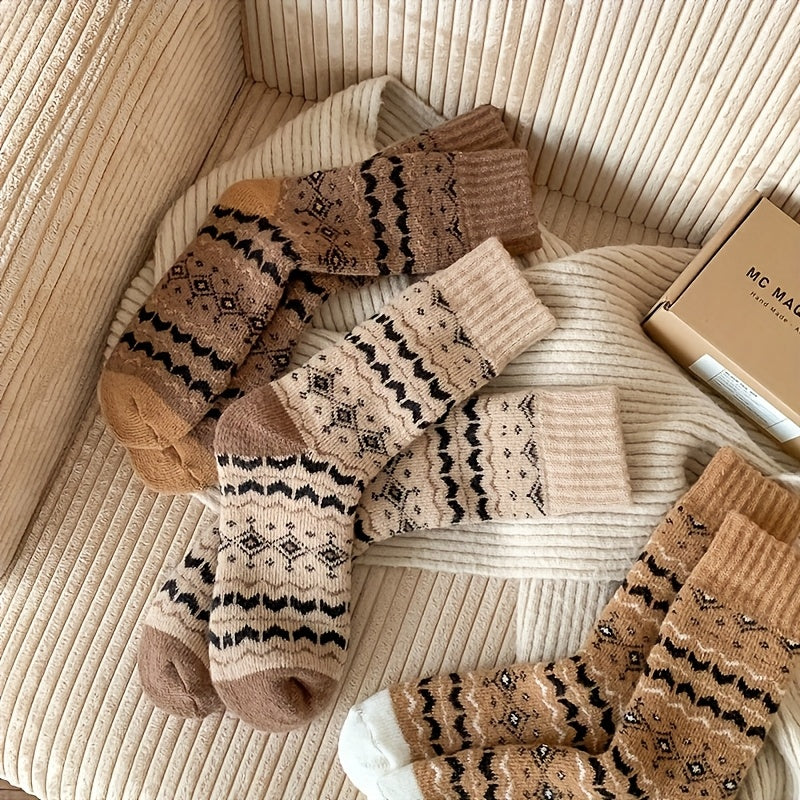 5 Pairs Thick Fleece Mid-Calf Socks for Autumn Winter Casual Wear