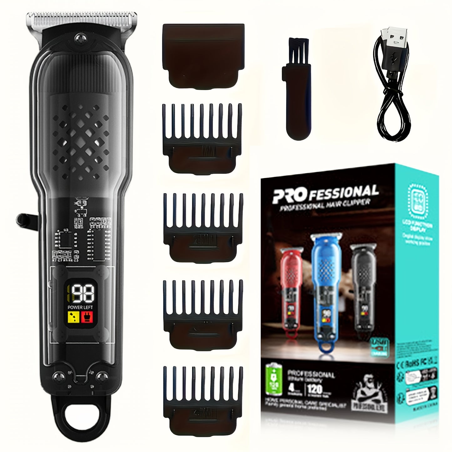 Professional Cordless Hair Clipper with Digital Display | Transparent Barber Trimmer with 4 Limiting Comb, USB Rechargeable, High-Quality, ABS Plastic Body, for Salon, Home, Travel