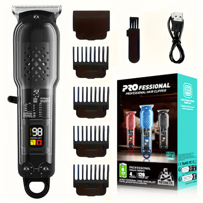 Professional Cordless Hair Clipper with Digital Display | Transparent Barber Trimmer with 4 Limiting Comb, USB Rechargeable, High-Quality, ABS Plastic Body, for Salon, Home, Travel