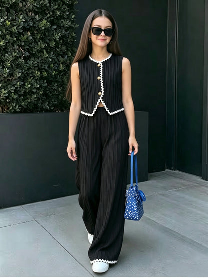Girls' Sleeveless Color-Block Pleated Vest & Wide-Leg Pants Set