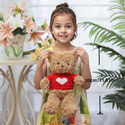 A 30cm/11.8-inch Cute Teddy Bear Plush Toy, Dressed in Clothes with Heart Patterns. A Perfect Birthday Gift for Kids, Family and Couples, and Also Suitable for Wedding Decoration and Home Decor.