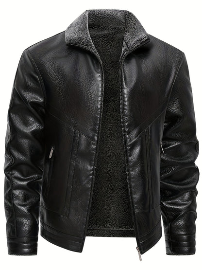 Men's Fleece-Lined PU Leather Jacket with Lapel Collar