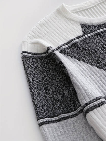 Men'S Fashionable Diamond Contrast Color Knit Long Sleeve Pullover in Faux Pear, First Name OBM, Casual Style, Ribbed Detail, High Stretch Fabric, Geometric Pattern, Regular Fit, Ideal for Fall/Winter