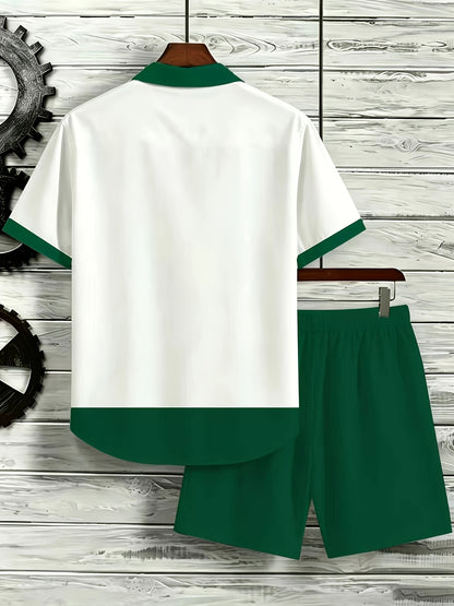 Men's Color Block Cuban Collar Shirt & Drawstring Shorts Set