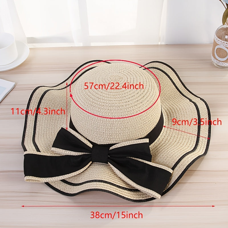 Women’s Summer Wide-Brim Straw Hat with Ruffles & Bow