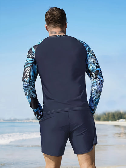 Men's Long Sleeve Rash Guard with Geometric Pattern, Athletic Swimwear